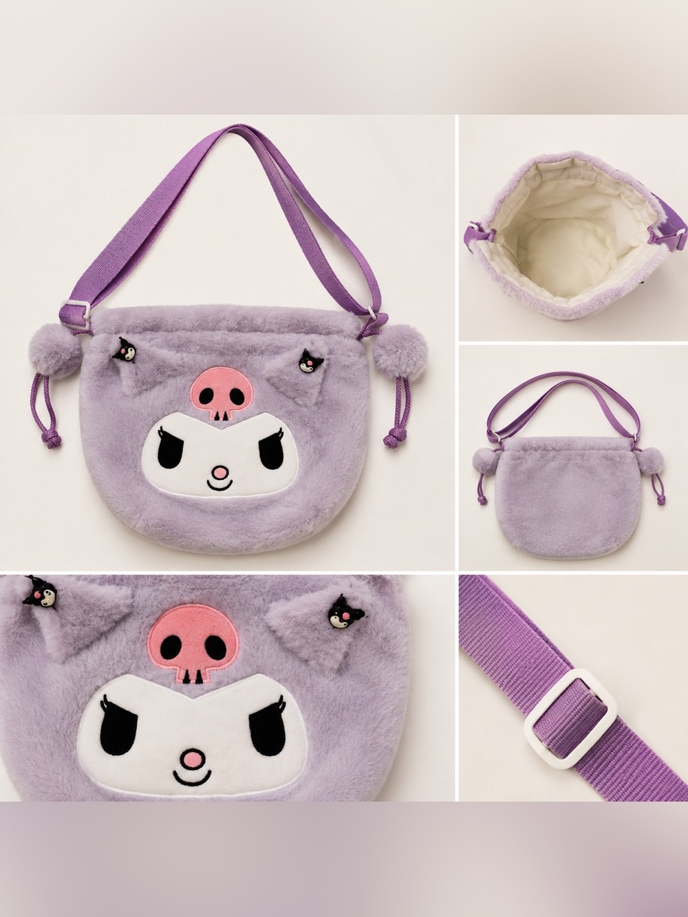 A Purple Kuromi Plush Character Drawstring Crossbody Bag for Kids